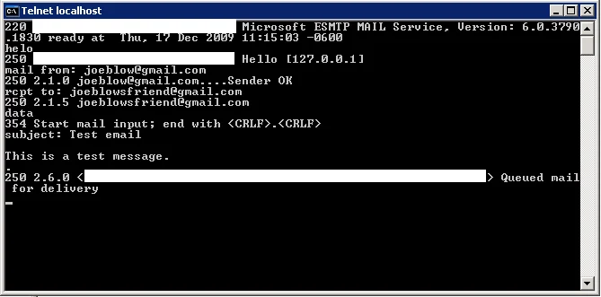 Send email via Telnet to test a Microsoft Exchange server