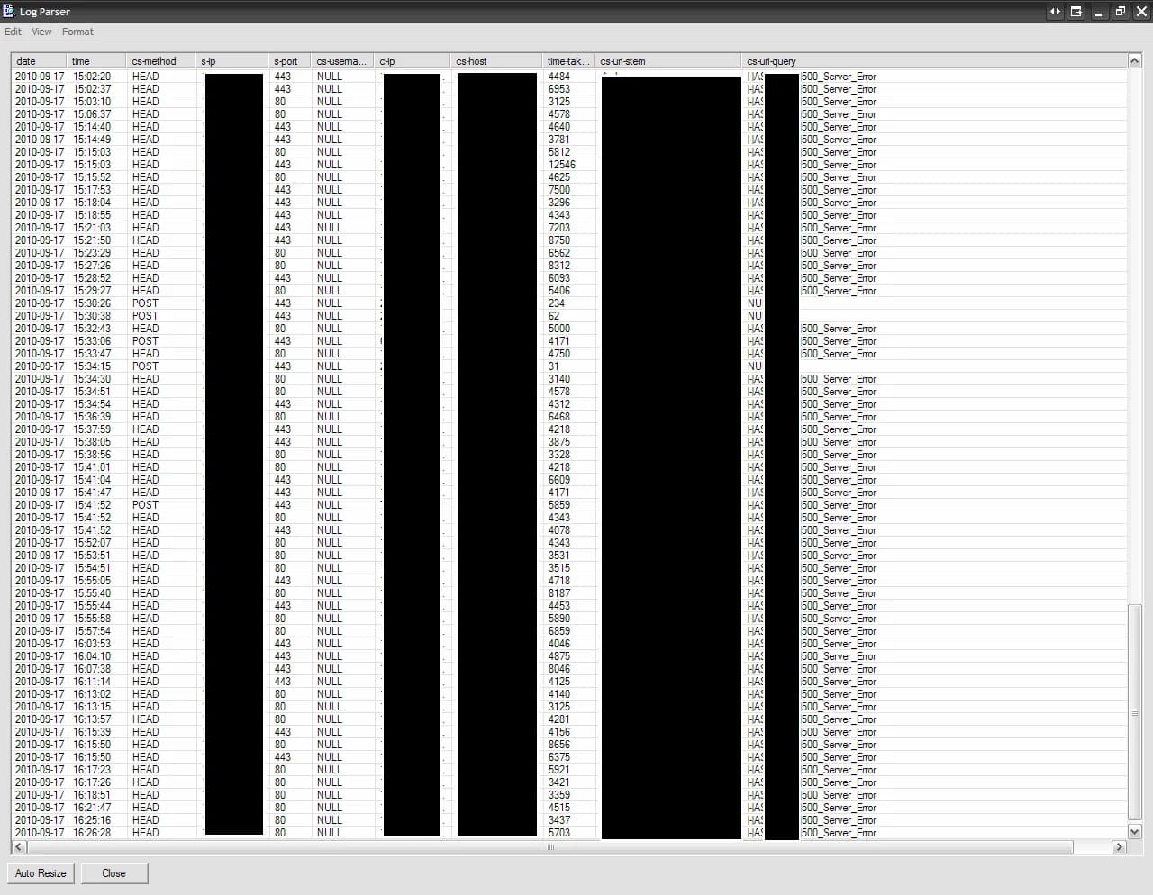 Using the DATAGRID output option in Microsoft LogParser to see error 500 IIS issues