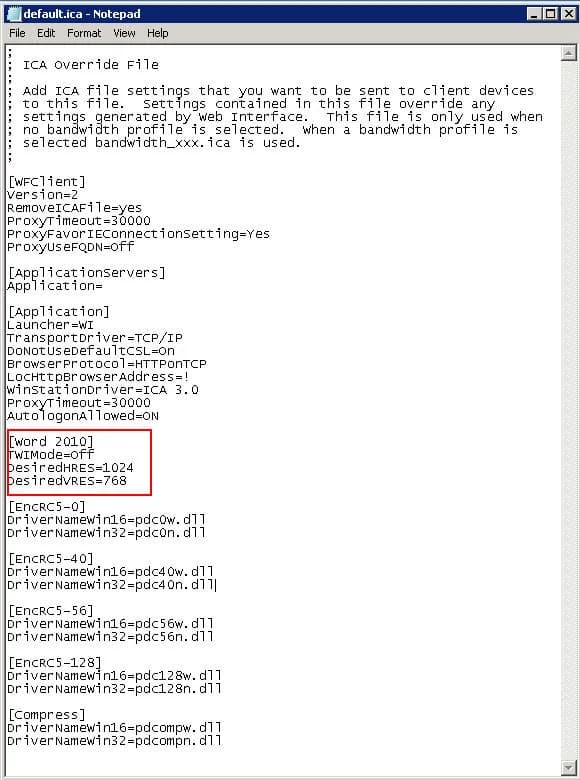 How to force a Citrix XenApp application to open in a custom size window