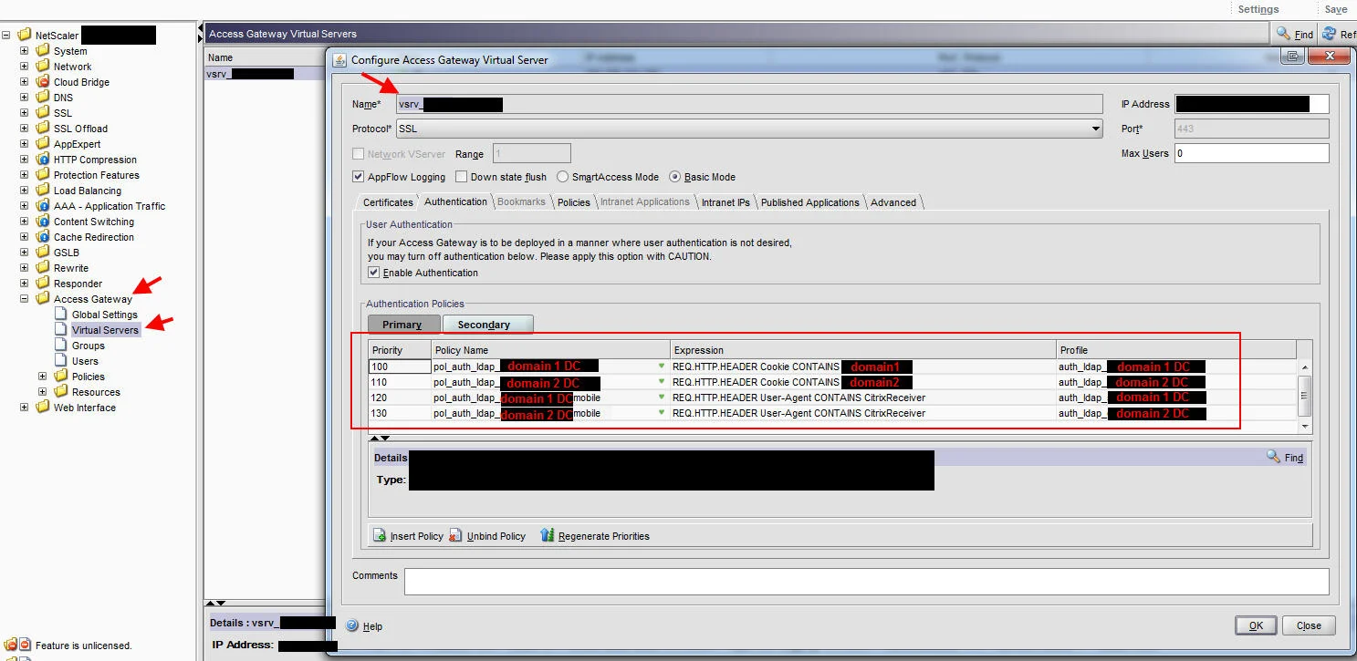 How to setup Citrix Netscaler (Access Gateway) with multiple domains for web browsers and mobile devices